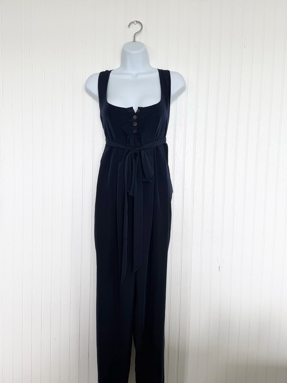 Annabelle Uniform Sleeveless Navy Blue Tie-Waist Jumpsuit